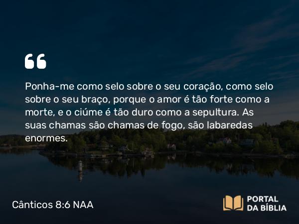 Cânticos 8:6 NAA - Ponha-me como selo sobre o seu coração, como selo sobre o seu braço, porque o amor é tão forte como a morte, e o ciúme é tão duro como a sepultura. As suas chamas são chamas de fogo, são labaredas enormes.