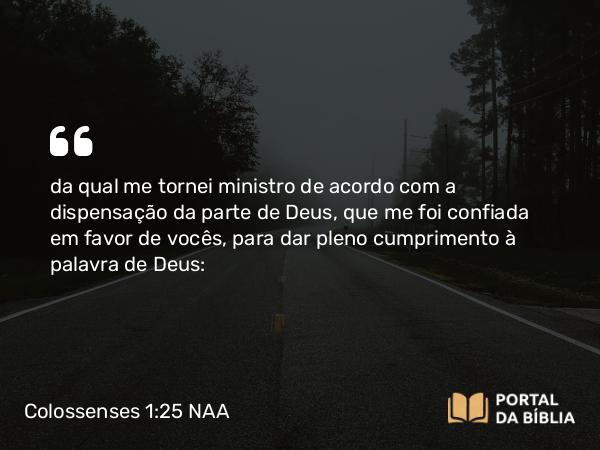 Colossenses 1:25 NAA - da qual me tornei ministro de acordo com a dispensação da parte de Deus, que me foi confiada em favor de vocês, para dar pleno cumprimento à palavra de Deus: