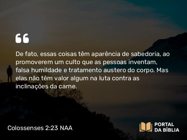 Colossenses 2:23 NAA - De fato, essas coisas têm aparência de sabedoria, ao promoverem um culto que as pessoas inventam, falsa humildade e tratamento austero do corpo. Mas elas não têm valor algum na luta contra as inclinações da carne.