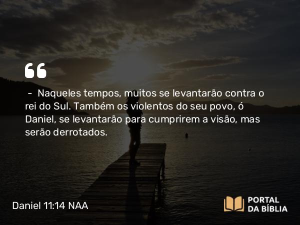 Daniel 11:14 NAA - — Naqueles tempos, muitos se levantarão contra o rei do Sul. Também os violentos do seu povo, ó Daniel, se levantarão para cumprirem a visão, mas serão derrotados.