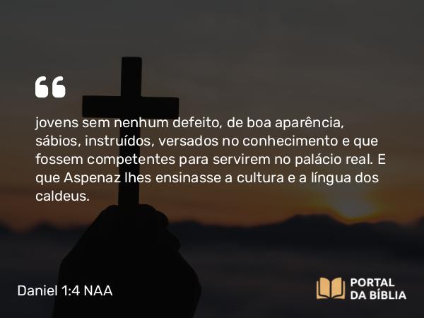 Daniel 1:4 NAA - jovens sem nenhum defeito, de boa aparência, sábios, instruídos, versados no conhecimento e que fossem competentes para servirem no palácio real. E que Aspenaz lhes ensinasse a cultura e a língua dos caldeus.