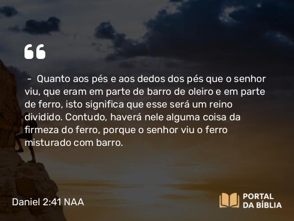 Daniel 2:41 NAA - — Quanto aos pés e aos dedos dos pés que o senhor viu, que eram em parte de barro de oleiro e em parte de ferro, isto significa que esse será um reino dividido. Contudo, haverá nele alguma coisa da firmeza do ferro, porque o senhor viu o ferro misturado com barro.