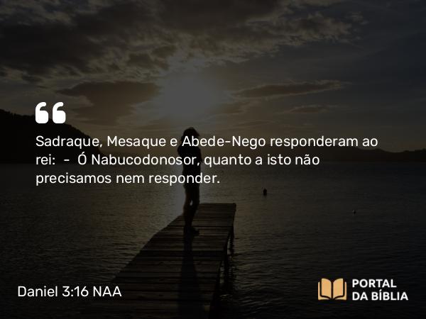 Daniel 3:16 NAA - Sadraque, Mesaque e Abede-Nego responderam ao rei: — Ó Nabucodonosor, quanto a isto não precisamos nem responder.