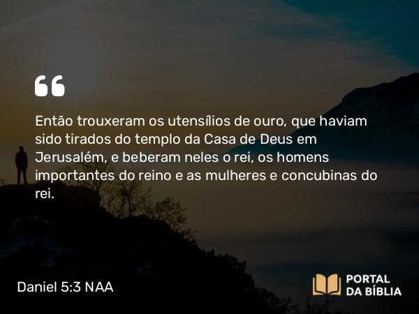 Daniel 5:3-4 NAA - Então trouxeram os utensílios de ouro, que haviam sido tirados do templo da Casa de Deus em Jerusalém, e beberam neles o rei, os homens importantes do reino e as mulheres e concubinas do rei.