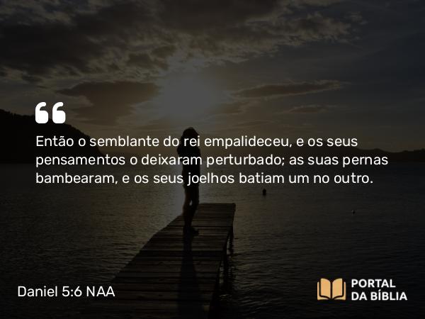 Daniel 5:6 NAA - Então o semblante do rei empalideceu, e os seus pensamentos o deixaram perturbado; as suas pernas bambearam, e os seus joelhos batiam um no outro.