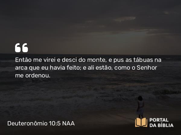 Deuteronômio 10:5 NAA - Então me virei e desci do monte, e pus as tábuas na arca que eu havia feito; e ali estão, como o Senhor me ordenou.