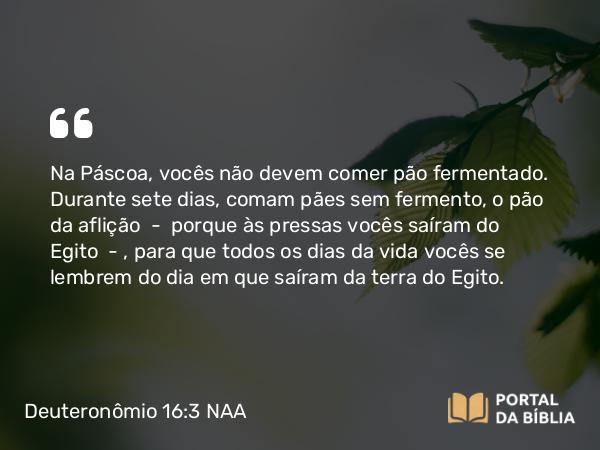 Deuteronômio 16:3-8 NAA - Na Páscoa, vocês não devem comer pão fermentado. Durante sete dias, comam pães sem fermento, o pão da aflição — porque às pressas vocês saíram do Egito —, para que todos os dias da vida vocês se lembrem do dia em que saíram da terra do Egito.