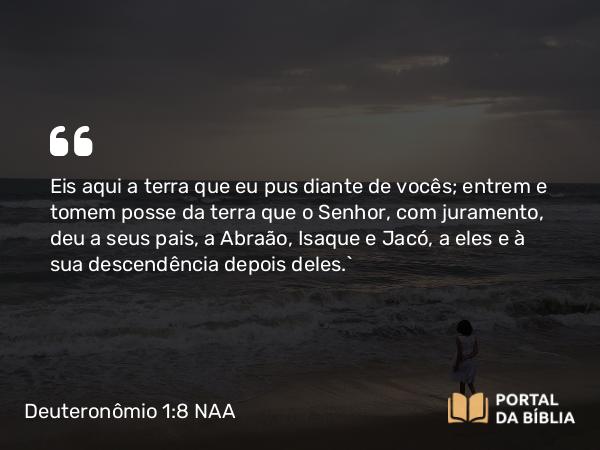 Deuteronômio 1:8 NAA - Eis aqui a terra que eu pus diante de vocês; entrem e tomem posse da terra que o Senhor, com juramento, deu a seus pais, a Abraão, Isaque e Jacó, a eles e à sua descendência depois deles.