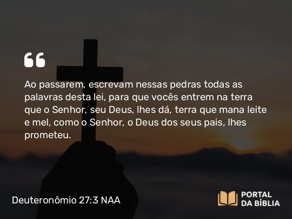 Deuteronômio 27:3 NAA - Ao passarem, escrevam nessas pedras todas as palavras desta lei, para que vocês entrem na terra que o Senhor, seu Deus, lhes dá, terra que mana leite e mel, como o Senhor, o Deus dos seus pais, lhes prometeu.