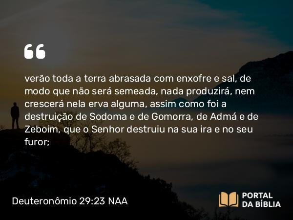 Deuteronômio 29:23 NAA - verão toda a terra abrasada com enxofre e sal, de modo que não será semeada, nada produzirá, nem crescerá nela erva alguma, assim como foi a destruição de Sodoma e de Gomorra, de Admá e de Zeboim, que o Senhor destruiu na sua ira e no seu furor;