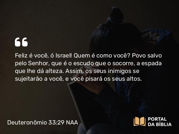 Deuteronômio 33:29 NAA - Feliz é você, ó Israel! Quem é como você? Povo salvo pelo Senhor, que é o escudo que o socorre, a espada que lhe dá alteza. Assim, os seus inimigos se sujeitarão a você, e você pisará os seus altos.