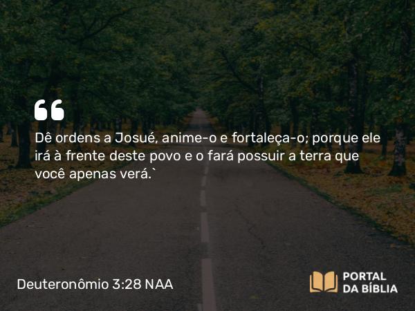 Deuteronômio 3:28 NAA - Dê ordens a Josué, anime-o e fortaleça-o; porque ele irá à frente deste povo e o fará possuir a terra que você apenas verá.