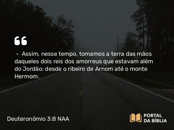 Deuteronômio 3:8 NAA - — Assim, nesse tempo, tomamos a terra das mãos daqueles dois reis dos amorreus que estavam além do Jordão: desde o ribeiro de Arnom até o monte Hermom.