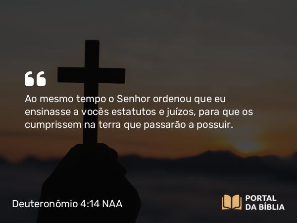 Deuteronômio 4:14 NAA - Ao mesmo tempo o Senhor ordenou que eu ensinasse a vocês estatutos e juízos, para que os cumprissem na terra que passarão a possuir.