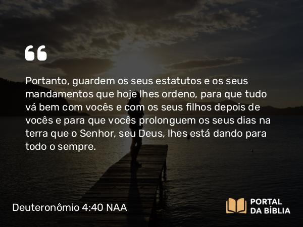 Deuteronômio 4:40 NAA - Portanto, guardem os seus estatutos e os seus mandamentos que hoje lhes ordeno, para que tudo vá bem com vocês e com os seus filhos depois de vocês e para que vocês prolonguem os seus dias na terra que o Senhor, seu Deus, lhes está dando para todo o sempre.