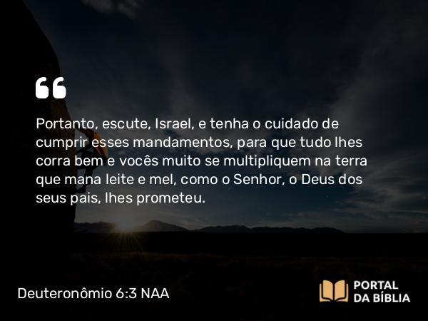 Deuteronômio 6:3 NAA - Portanto, escute, Israel, e tenha o cuidado de cumprir esses mandamentos, para que tudo lhes corra bem e vocês muito se multipliquem na terra que mana leite e mel, como o Senhor, o Deus dos seus pais, lhes prometeu.