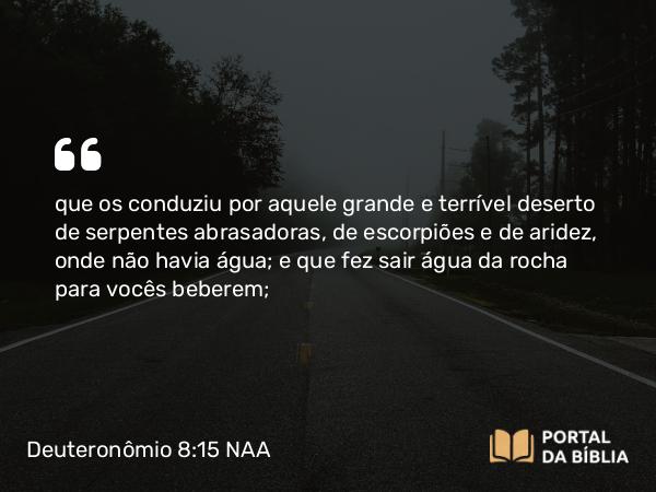 Deuteronômio 8:15 NAA - que os conduziu por aquele grande e terrível deserto de serpentes abrasadoras, de escorpiões e de aridez, onde não havia água; e que fez sair água da rocha para vocês beberem;