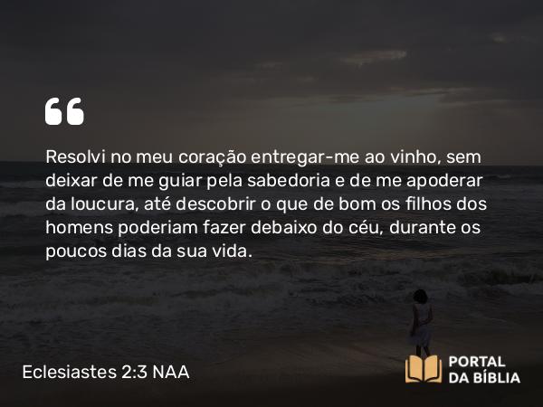 Eclesiastes 2:3 NAA - Resolvi no meu coração entregar-me ao vinho, sem deixar de me guiar pela sabedoria e de me apoderar da loucura, até descobrir o que de bom os filhos dos homens poderiam fazer debaixo do céu, durante os poucos dias da sua vida.