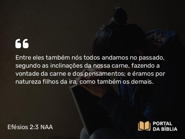 Efésios 2:3 NAA - Entre eles também nós todos andamos no passado, segundo as inclinações da nossa carne, fazendo a vontade da carne e dos pensamentos; e éramos por natureza filhos da ira, como também os demais.