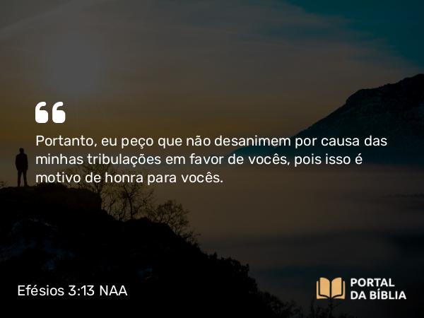 Efésios 3:13 NAA - Portanto, eu peço que não desanimem por causa das minhas tribulações em favor de vocês, pois isso é motivo de honra para vocês.