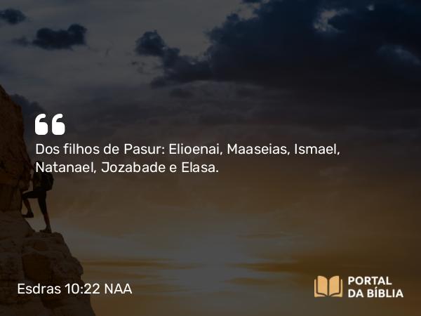 Esdras 10:22 NAA - Dos filhos de Pasur: Elioenai, Maaseias, Ismael, Natanael, Jozabade e Elasa.