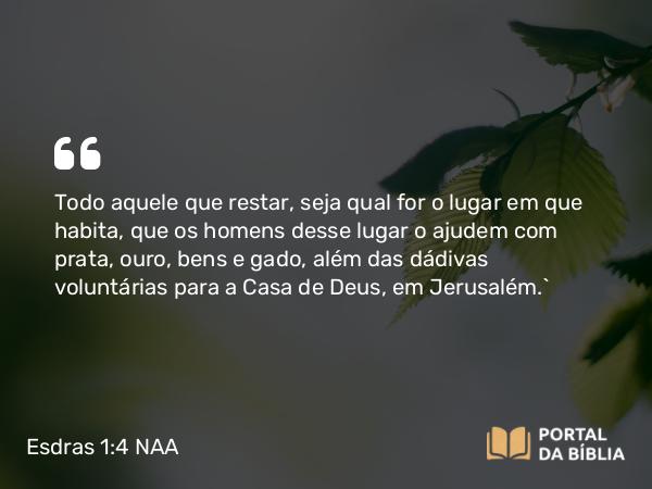 Esdras 1:4 NAA - Todo aquele que restar, seja qual for o lugar em que habita, que os homens desse lugar o ajudem com prata, ouro, bens e gado, além das dádivas voluntárias para a Casa de Deus, em Jerusalém.