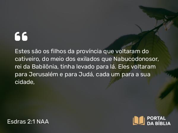 Esdras 2:1 NAA - Estes são os filhos da província que voltaram do cativeiro, do meio dos exilados que Nabucodonosor, rei da Babilônia, tinha levado para lá. Eles voltaram para Jerusalém e para Judá, cada um para a sua cidade,