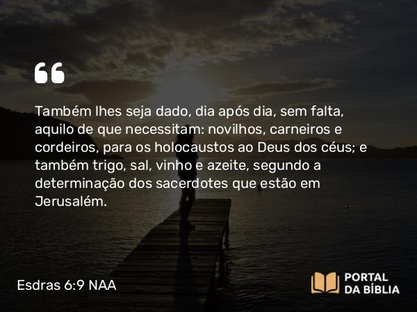 Esdras 6:9 NAA - Também lhes seja dado, dia após dia, sem falta, aquilo de que necessitam: novilhos, carneiros e cordeiros, para os holocaustos ao Deus dos céus; e também trigo, sal, vinho e azeite, segundo a determinação dos sacerdotes que estão em Jerusalém.