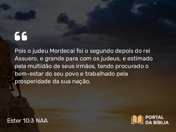 Ester 10:3 NAA - Pois o judeu Mordecai foi o segundo depois do rei Assuero, e grande para com os judeus, e estimado pela multidão de seus irmãos, tendo procurado o bem-estar do seu povo e trabalhado pela prosperidade da sua nação.