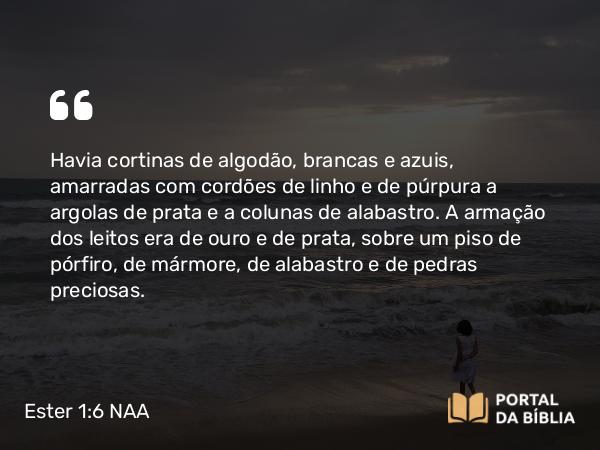 Ester 1:6 NAA - Havia cortinas de algodão, brancas e azuis, amarradas com cordões de linho e de púrpura a argolas de prata e a colunas de alabastro. A armação dos leitos era de ouro e de prata, sobre um piso de pórfiro, de mármore, de alabastro e de pedras preciosas.