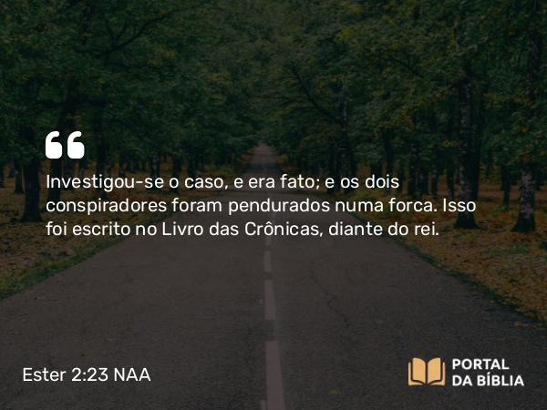 Ester 2:23 NAA - Investigou-se o caso, e era fato; e os dois conspiradores foram pendurados numa forca. Isso foi escrito no Livro das Crônicas, diante do rei.