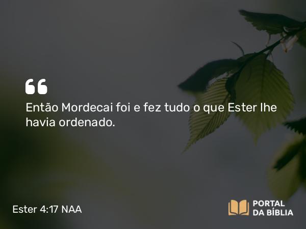 Ester 4:17 NAA - Então Mordecai foi e fez tudo o que Ester lhe havia ordenado.