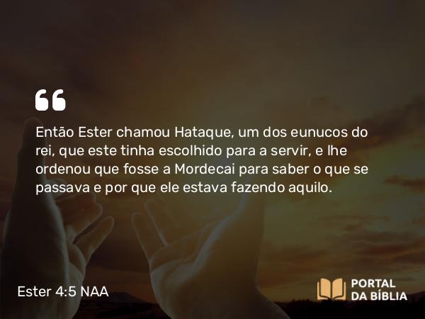 Ester 4:5 NAA - Então Ester chamou Hataque, um dos eunucos do rei, que este tinha escolhido para a servir, e lhe ordenou que fosse a Mordecai para saber o que se passava e por que ele estava fazendo aquilo.