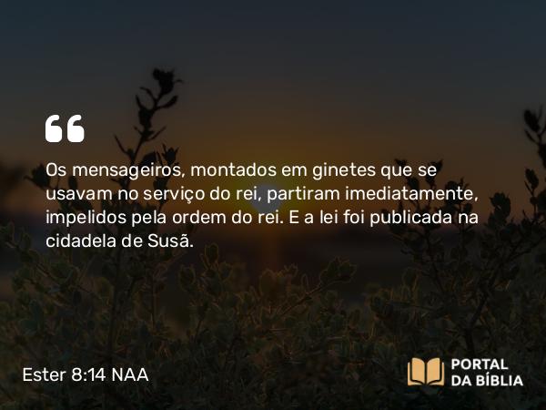 Ester 8:14 NAA - Os mensageiros, montados em ginetes que se usavam no serviço do rei, partiram imediatamente, impelidos pela ordem do rei. E a lei foi publicada na cidadela de Susã.