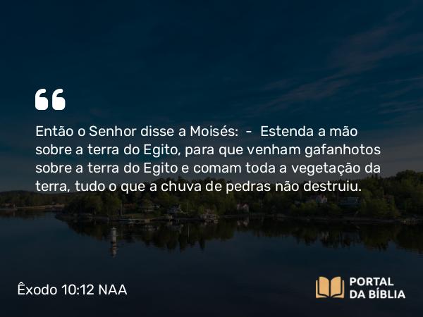 Êxodo 10:12 NAA - Então o Senhor disse a Moisés: — Estenda a mão sobre a terra do Egito, para que venham gafanhotos sobre a terra do Egito e comam toda a vegetação da terra, tudo o que a chuva de pedras não destruiu.