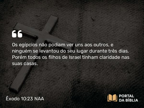 Êxodo 10:23 NAA - Os egípcios não podiam ver uns aos outros, e ninguém se levantou do seu lugar durante três dias. Porém todos os filhos de Israel tinham claridade nas suas casas.