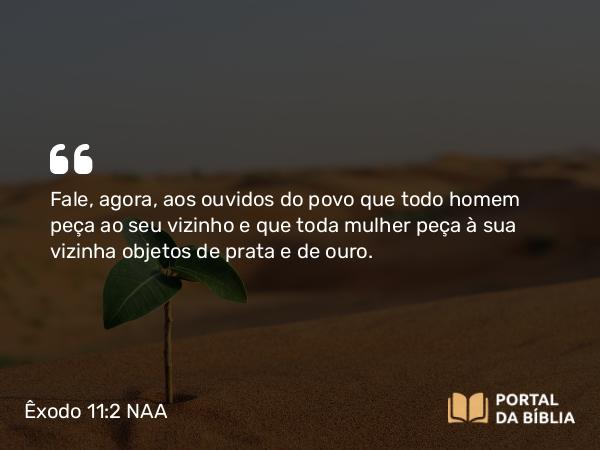 Êxodo 11:2 NAA - Fale, agora, aos ouvidos do povo que todo homem peça ao seu vizinho e que toda mulher peça à sua vizinha objetos de prata e de ouro.