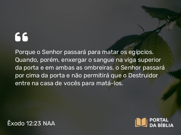 Êxodo 12:23 NAA - Porque o Senhor passará para matar os egípcios. Quando, porém, enxergar o sangue na viga superior da porta e em ambas as ombreiras, o Senhor passará por cima da porta e não permitirá que o Destruidor entre na casa de vocês para matá-los.