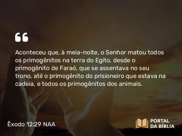 Êxodo 12:29 NAA - Aconteceu que, à meia-noite, o Senhor matou todos os primogênitos na terra do Egito, desde o primogênito de Faraó, que se assentava no seu trono, até o primogênito do prisioneiro que estava na cadeia, e todos os primogênitos dos animais.