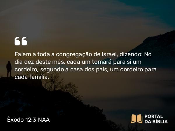 Êxodo 12:3 NAA - Falem a toda a congregação de Israel, dizendo: No dia dez deste mês, cada um tomará para si um cordeiro, segundo a casa dos pais, um cordeiro para cada família.