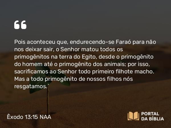 Êxodo 13:15 NAA - Pois aconteceu que, endurecendo-se Faraó para não nos deixar sair, o Senhor matou todos os primogênitos na terra do Egito, desde o primogênito do homem até o primogênito dos animais; por isso, sacrificamos ao Senhor todo primeiro filhote macho. Mas a todo primogênito de nossos filhos nós resgatamos.