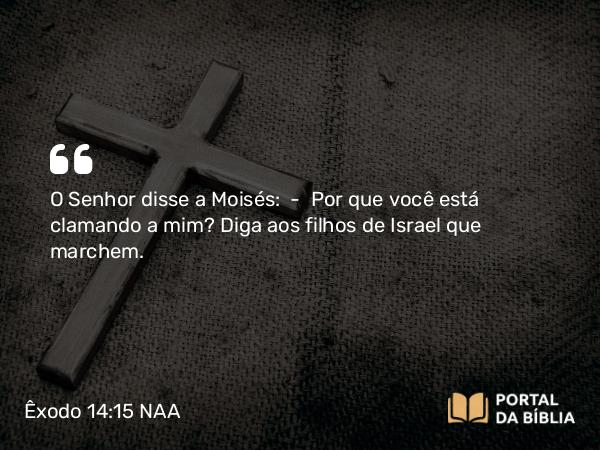 Êxodo 14:15 NAA - O Senhor disse a Moisés: — Por que você está clamando a mim? Diga aos filhos de Israel que marchem.