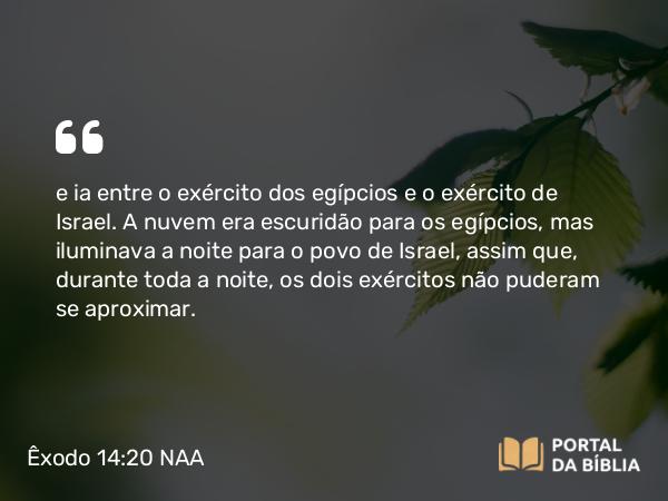 Êxodo 14:20 NAA - e ia entre o exército dos egípcios e o exército de Israel. A nuvem era escuridão para os egípcios, mas iluminava a noite para o povo de Israel, assim que, durante toda a noite, os dois exércitos não puderam se aproximar.