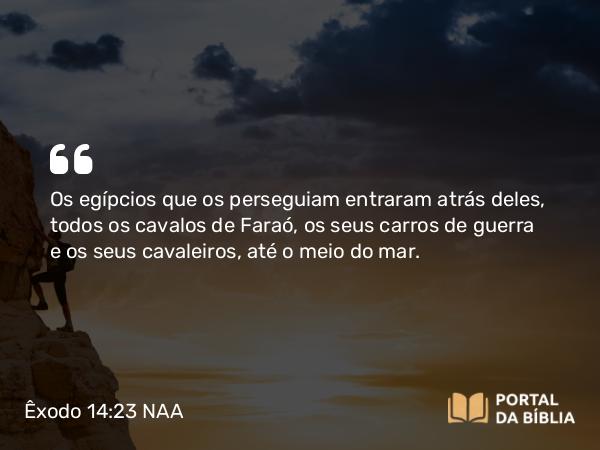 Êxodo 14:23 NAA - Os egípcios que os perseguiam entraram atrás deles, todos os cavalos de Faraó, os seus carros de guerra e os seus cavaleiros, até o meio do mar.