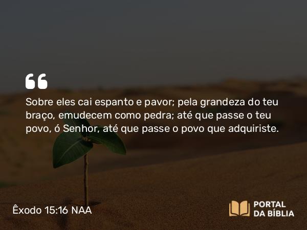 Êxodo 15:16 NAA - Sobre eles cai espanto e pavor; pela grandeza do teu braço, emudecem como pedra; até que passe o teu povo, ó Senhor, até que passe o povo que adquiriste.