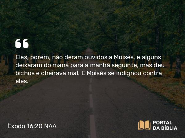 Êxodo 16:20 NAA - Eles, porém, não deram ouvidos a Moisés, e alguns deixaram do maná para a manhã seguinte, mas deu bichos e cheirava mal. E Moisés se indignou contra eles.