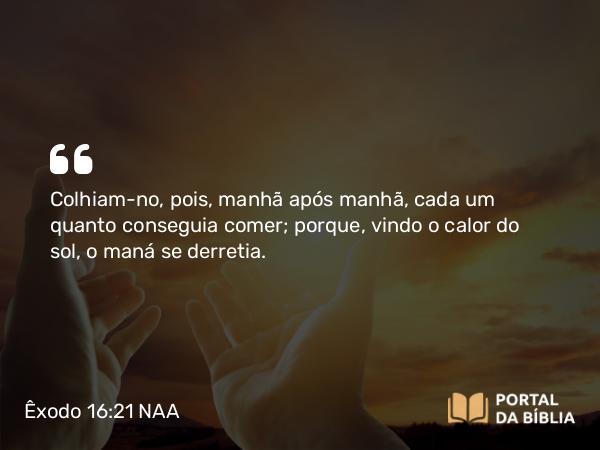 Êxodo 16:21 NAA - Colhiam-no, pois, manhã após manhã, cada um quanto conseguia comer; porque, vindo o calor do sol, o maná se derretia.