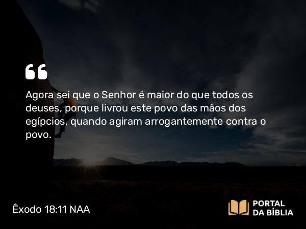 Êxodo 18:11 NAA - Agora sei que o Senhor é maior do que todos os deuses, porque livrou este povo das mãos dos egípcios, quando agiram arrogantemente contra o povo.