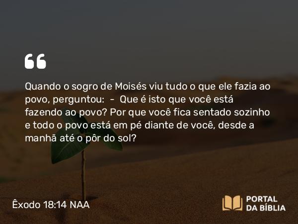 Êxodo 18:14 NAA - Quando o sogro de Moisés viu tudo o que ele fazia ao povo, perguntou: — Que é isto que você está fazendo ao povo? Por que você fica sentado sozinho e todo o povo está em pé diante de você, desde a manhã até o pôr do sol?