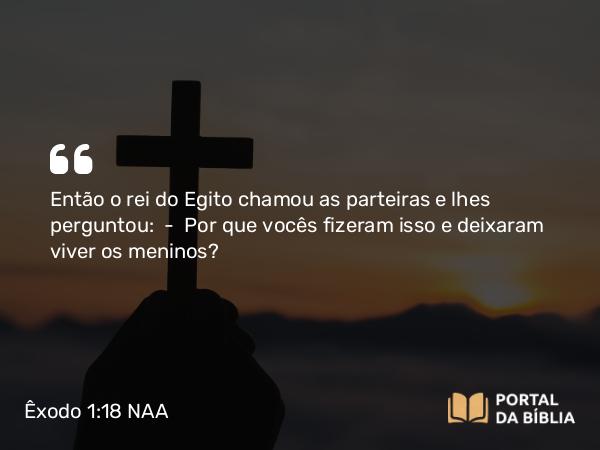 Êxodo 1:18 NAA - Então o rei do Egito chamou as parteiras e lhes perguntou: — Por que vocês fizeram isso e deixaram viver os meninos?